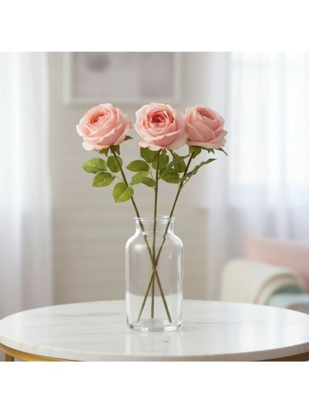Blush Pink Artificial Roses Set Of 3 Fake Flower Stems Silk Roses Long Stem Wedd